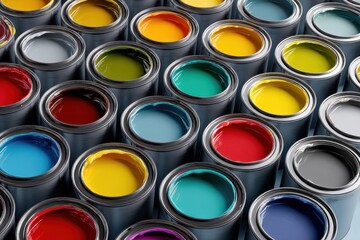 Overhead View of Open Paint Cans with Various Colorful Paints and Seamless Background Design