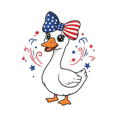 Cute Cartoon Duck with Patriotic USA Flag Bow and Red Blue Star Confetti Celebration Vector