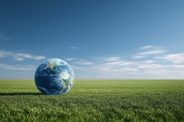 Earth Globe on Green Grass with Clear Sky and Beautiful Clouds