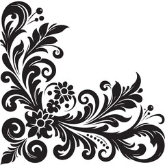 Elegant Black Floral Corner Ornament Vector Design with Vintage Swirl Patterns – Decorative Botanical Frame Element for Invitations, Tattoos, and Graphic Projects.