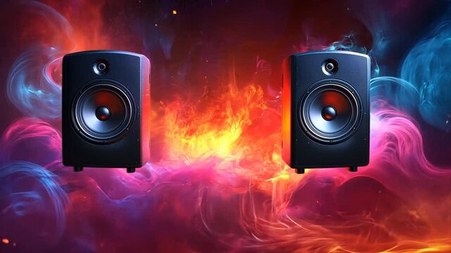 Immersive audio experience a pair of speakers pulsating with vibrant cosmic energy and colorful ambiance