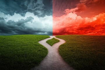 Divided path leading to contrasting skies, one side stormy, other fiery