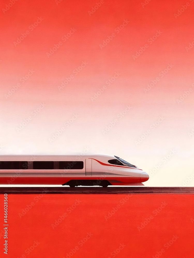 Aufkleber ミニマルな赤い背景に白い高速鉄道列車 イラストレーション スピード感とモダンな交通手段を象徴するデザイン