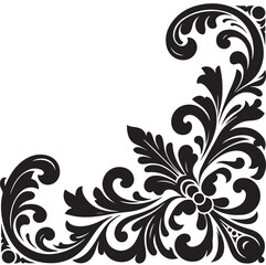 Elegant Black Floral Corner Ornament Vector Design with Vintage Swirl Patterns – Decorative Botanical Frame Element for Invitations, Tattoos, and Graphic Projects.