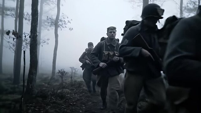 Troops Moving Through Foggy Woods Action Scene
