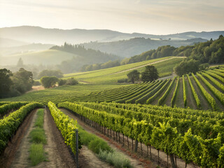 Fototapeta premium Vineyard Landscape with Rows of Grape Vines on Rolling Hills