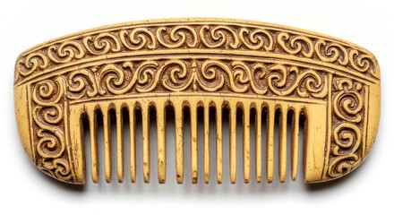 Ornate beige comb with intricate spiral designs for hair styling and grooming.