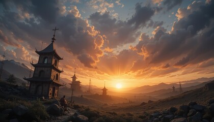 Golden Hour Serenity: Pagoda Silhouette Against a Mountainous Su