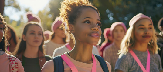 Supportive Breast Cancer Awareness Walk with Diverse Women in Pink Ribbons at Sunny Park