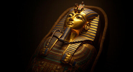 Golden sarcophagus with intricate details and hieroglyphs, illuminated in a dark tomb, symbolizing ancient history and mystery.