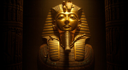 Golden death mask gleaming in the dark, ancient chamber. A regal visage from an ancient era of pharaohs and pyramids.