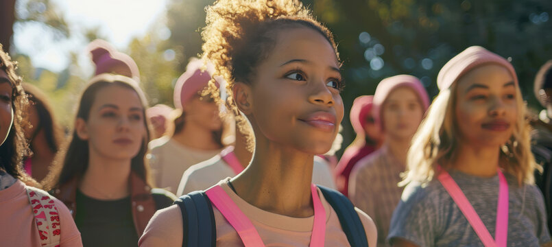 Supportive Breast Cancer Awareness Walk with Diverse Women in Pink Ribbons at Sunny Park