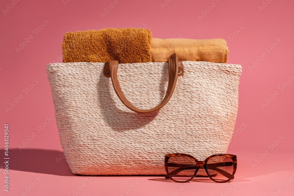 Poster wide straw bag filled with towel and sunglasses for beach day preparation in sunny outdoor setting g