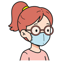 cute young girl wearing mask sick disease protection flat color vector illustration template design