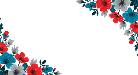 Festive floral corner design in patriotic colors: red, white and blue flowers and foliage on a bright white background.