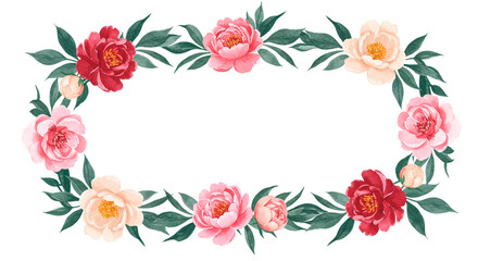 A floral watercolor frame of assorted peonies and foliage creates a delicate and elegant design. Ready for text or image insert.