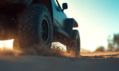 Off-road adventure desert landscape action shot vehicle movement dynamic environment close-up view freedom concept