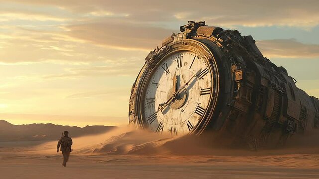 Giant clock partially buried in the desert sand evoking concepts of time history and the passage of years