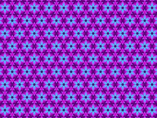 A repeating geometric pattern with stylized flowers in shades of bright pink and cyan, arranged on a dark purple background.