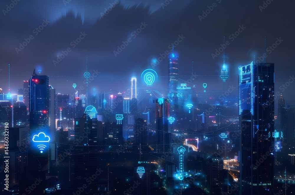 Poster 青い光で照らされた高層ビル群の未来的な夜景の都市景観 パノラマ ビジネスと技術のコンセプト