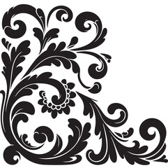 Elegant Black Floral Corner Ornament Vector Design with Vintage Swirl Patterns – Decorative Botanical Frame Element for Invitations, Tattoos, and Graphic Projects.