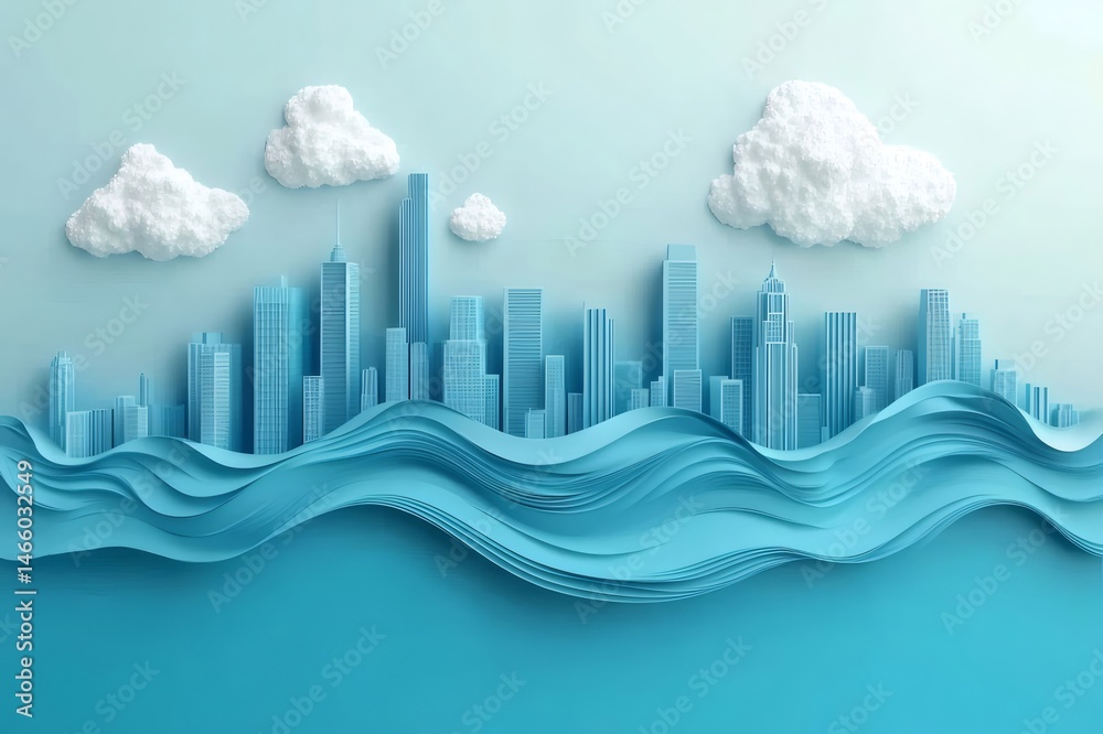 Aufkleber 穏やかな青い空の下のモダンな都市景観 抽象的な波状の海とふわふわの雲と高層ビルを特徴とするミニマルなデザイン 未来の背景を持つ都会の楽園