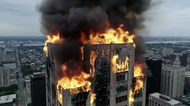 Building on Fire Aerial View Showing Damage and Smoke in Urban Environment
