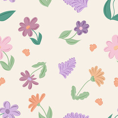 Vector seamless pattern with pastel spring flowers and green leaves on beige background. Ideal for Easter, fabric, wrapping paper and seasonal stationery