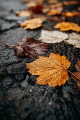Close-up of wet autumn leaves on dark ground, showcasing rich brown and orange hues, symbolizing seasonal change and nature's beauty