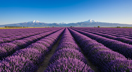 Fototapeta premium Scenic view of purple lavender field with mountains under a clear blue sky landscape photography