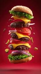 Floating hamburger ingredients with lettuce onion tomato pickles cheese and beef patties in mid air