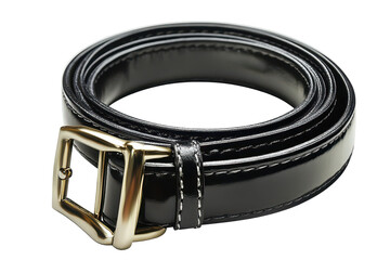 Rolled black leather belt with gold buckle and stitching detail