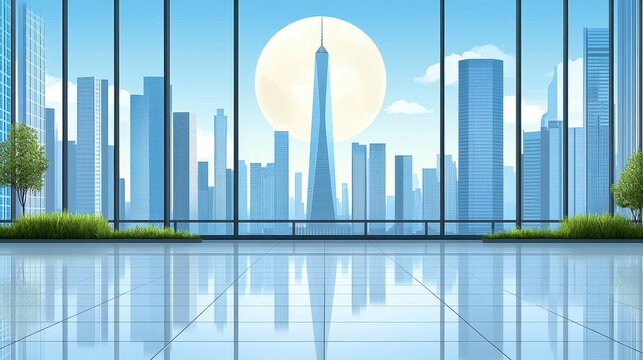 Serene interior cityscape view from modern office with skyscrape