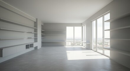 Obraz premium View of empty room with big windows and shelves
