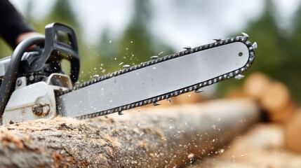 Chainsaw cutting wood, sawdust flying, sharp chain teeth, close-up action shot in forest.