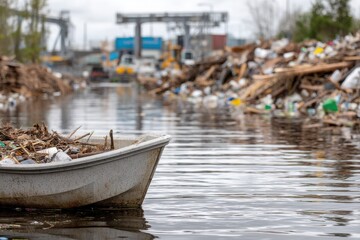 Obraz premium A dinghy filled with debris floats on polluted water, a large pile of trash in the background, indicating environmental damage.