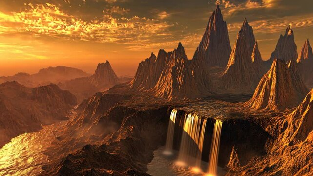 elegance other worldly landscape,  mountain with waterfall with sunset sky 
