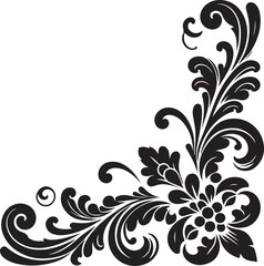 Elegant Black Floral Corner Ornament Vector Design with Vintage Swirl Patterns – Decorative Botanical Frame Element for Invitations, Tattoos, and Graphic Projects.
