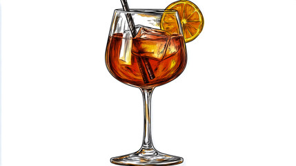 Hand-drawn illustration of an Aperol cocktail glass, whimsical and artistic style, elegant menu design