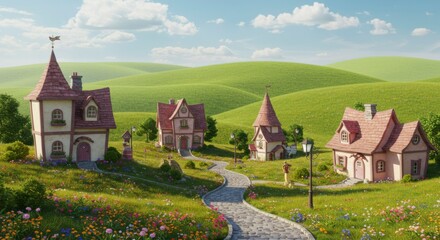 Cartoon village landscape with winding road