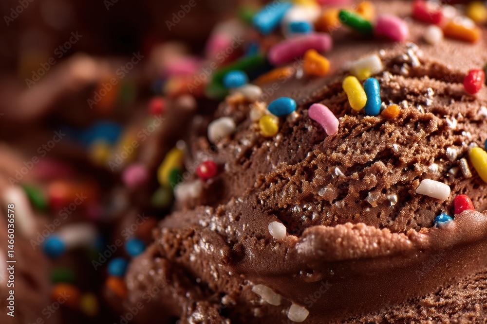 Poster melting chocolate ice cream with colorful sprinkles creating a delightful dessert experience in warm