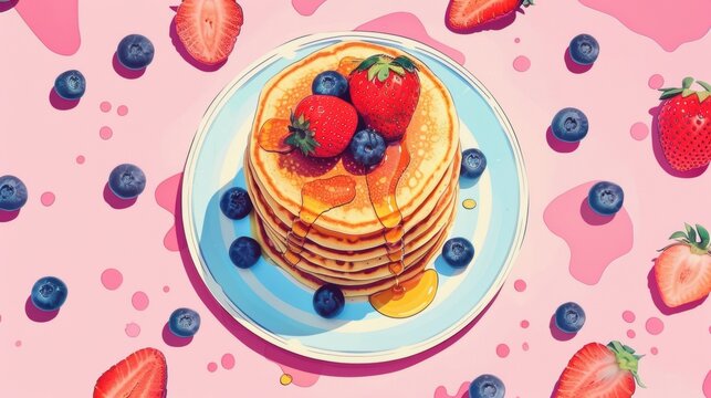 Vibrant Memorial Day Brunch: Pancakes with Fresh Berries and Syrup Drizzle