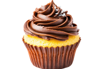 Decadent chocolate cupcake with swirls of frosting and a sprinkle of white topping