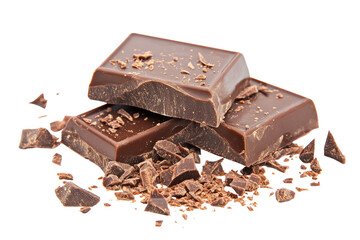 Three dark chocolate pieces, stacked, surrounded by shavings. Rich, glossy surface; broken edges