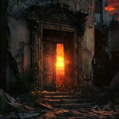 Fototapeta premium Glowing doorway in dark ruin