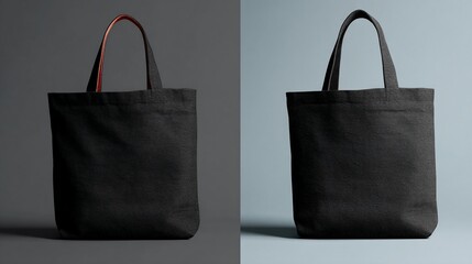 Two black tote bags on different backgrounds, showcasing blank space for branding or design, ideal for mockup or advertising purposes
