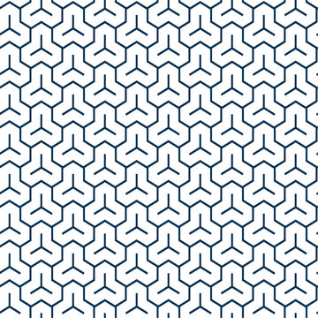 Bishamon Kikko seamless Japanese traditional pattern with hexagonal armor-like geometric design. Navy blue repeating background texture for cultural textile and decoration