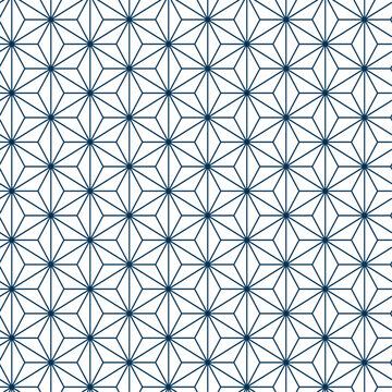 Asanoha seamless traditional Japanese pattern. Geometric hemp leaf motif in navy blue. Repeating background for textile, cultural, and decorative Japanese design themes