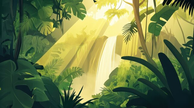 Lush Tropical Jungle with Waterfall and Sunlight Filtering Through Foliage