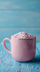 Pink mug filled with pink cream and sprinkles sits on a blue wooden surface, showcasing a sweet and delightful drink concept, perfect for blogs or cafe websites